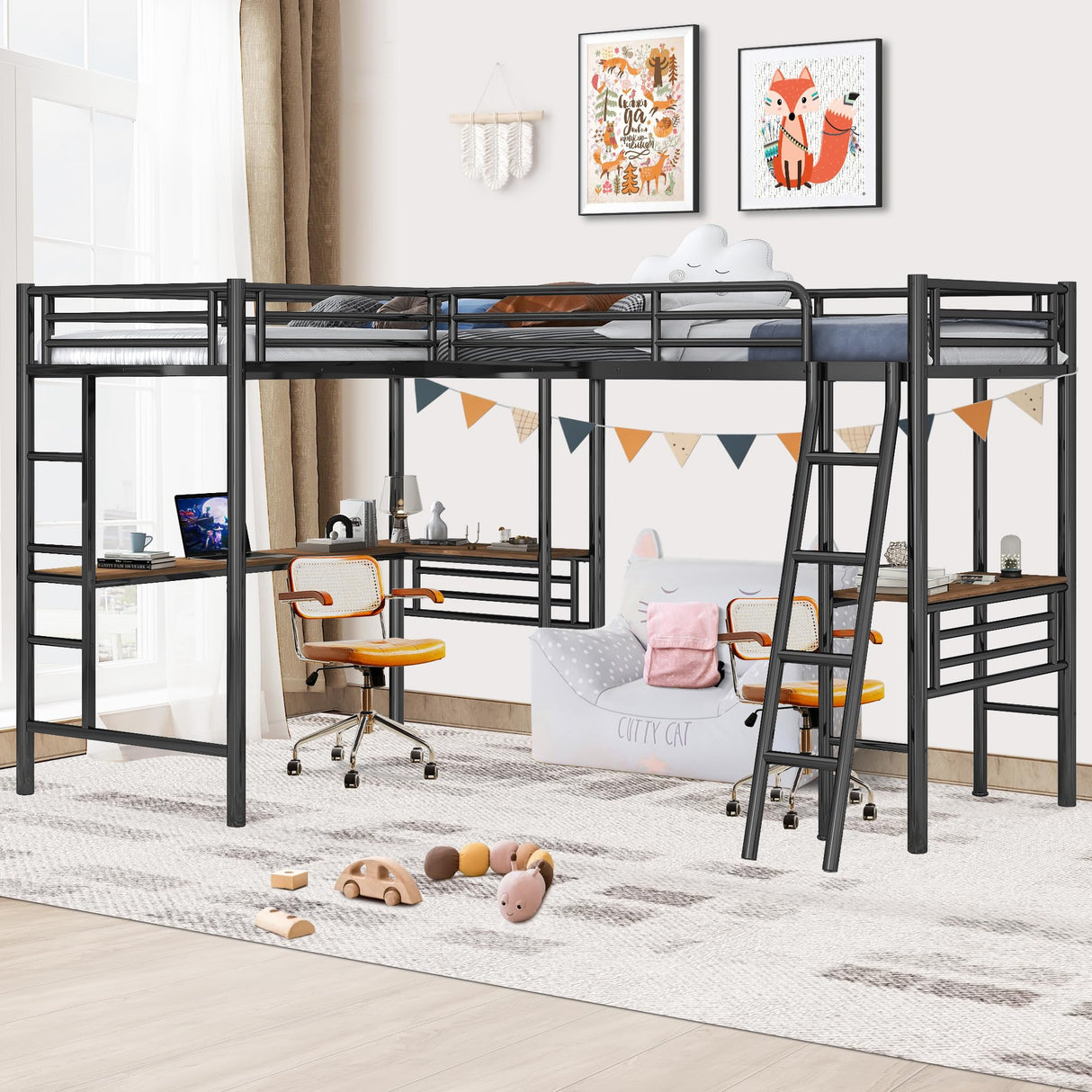INCLAKE L-Shaped Twin Loft Bed with Dual Desks, Heavy-Duty Metal Frame, Safety Guard Rails, Black INCLAKE
