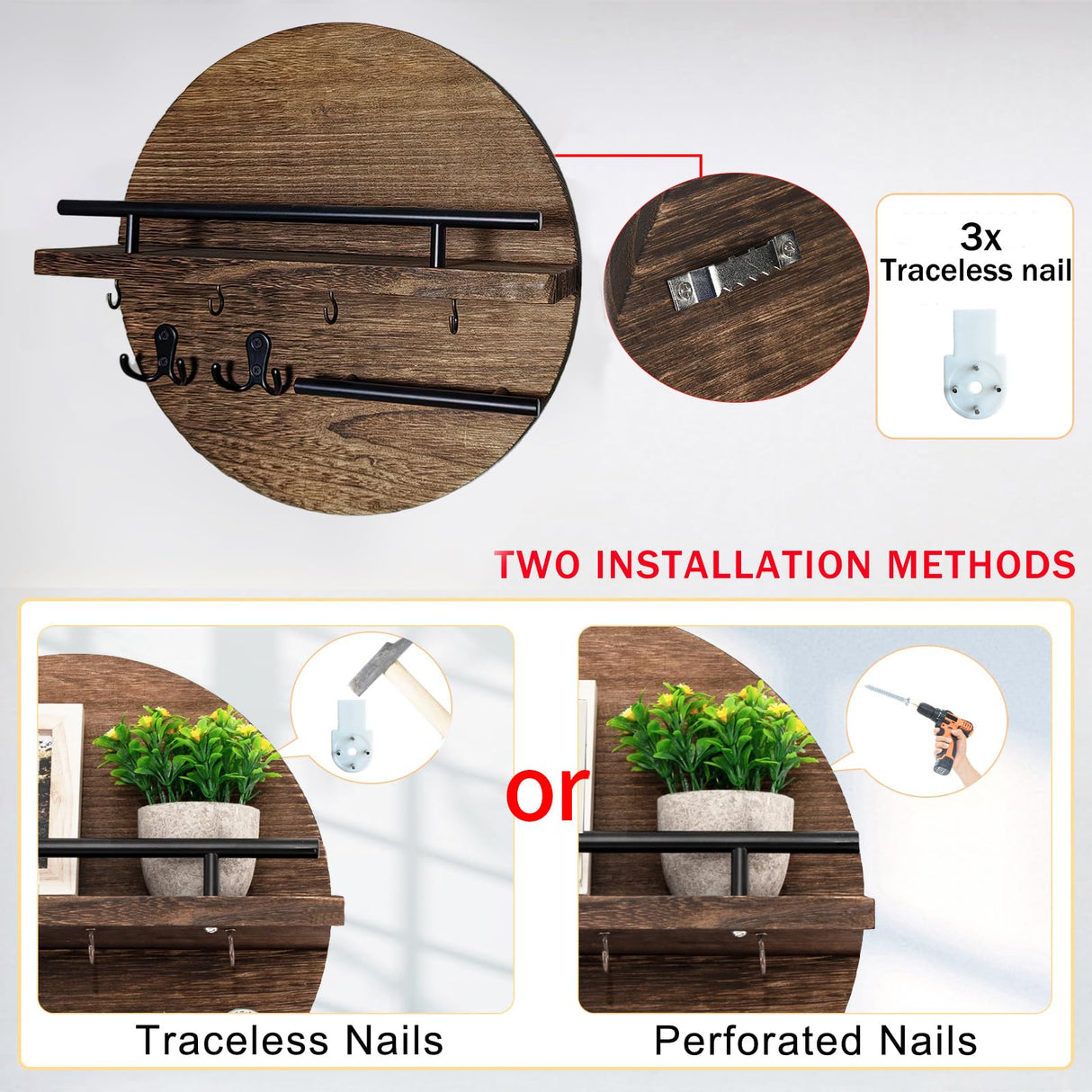 Key Holder for Wall Decorative with Shelf and Hooks, Unique Mail Organizer Wall Mount with Sunglasses Holder, Cute Circular Design Entryway Key Rack Hanger, Rustic Home Decor Boho Wall Decor dreampossible