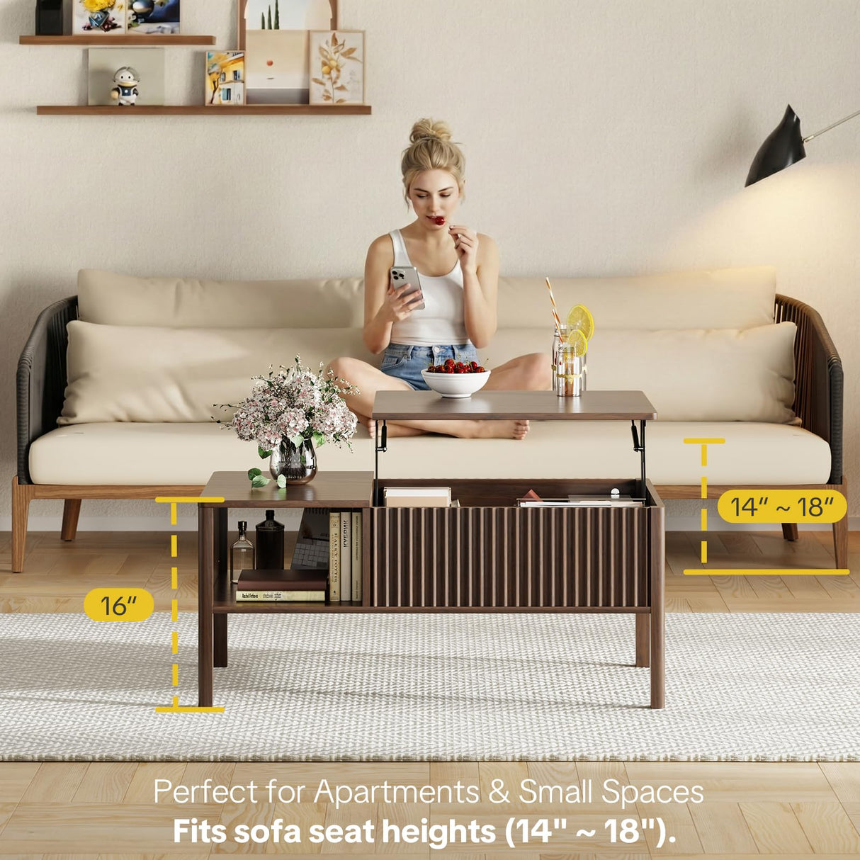 Fluted Lift Top Coffee Table for Living Room, Small Coffee Table with Storage Hydraulic Lift Large Capacity, Sturdy Legs Safe Round Corner, Easy Assembly for Small Spaces, Vertical Grain-Brown RUMBALUXY