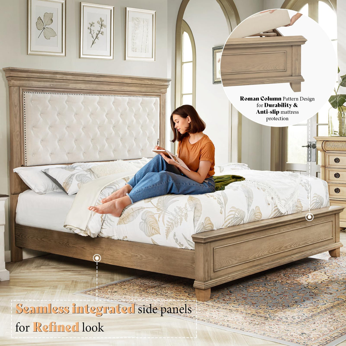 AMERLIFE 68.1" H King Size Bed Frame with Upholstered Headboard, Solid Wood Farmhouse Platform Bed, Architectural Design, No Box Spring Needed, Light Oak AMERLIFE