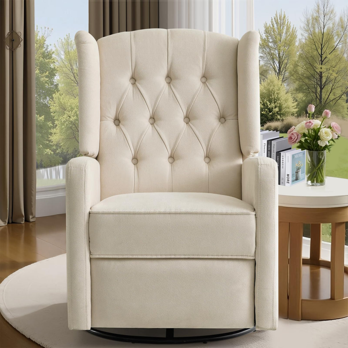 ABAKAN Swivel Rocker Recliner Chair, 360 Degree Nursery Rocking Recliner, Linen Glider Chair with Button Tufted Wingback Chair, for Living Room, Bedroom,Ash Beige ABAKAN