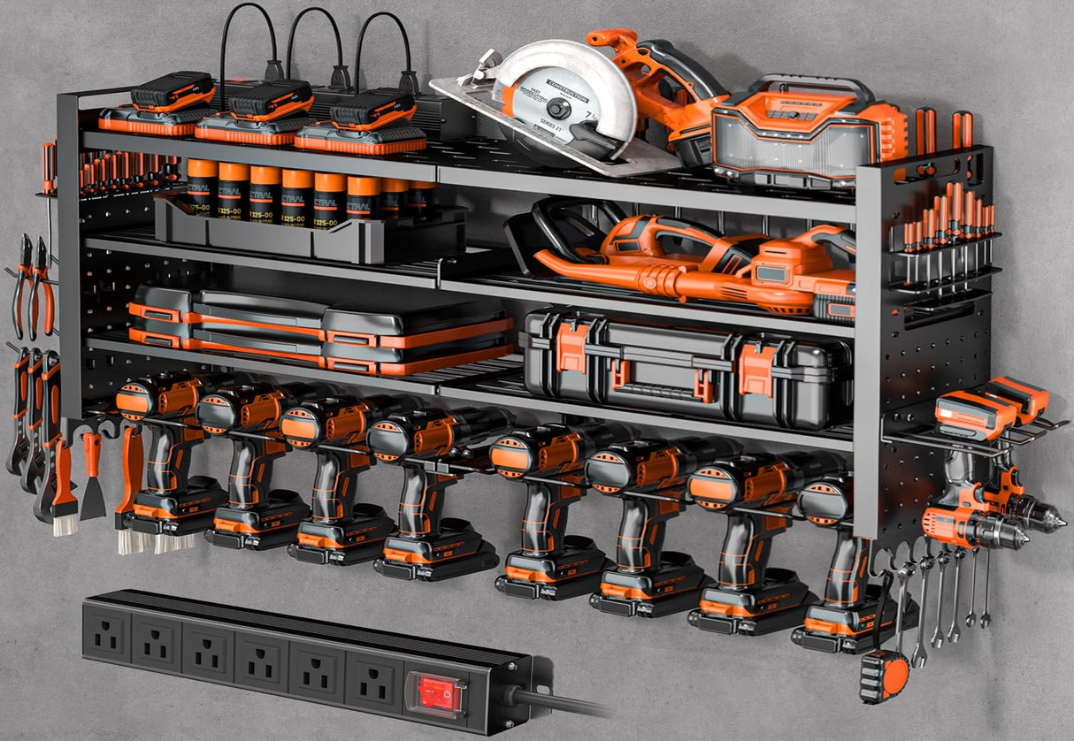 Heavy Duty Power Tool Organizer Wall Mount with Charging Station, Large Garage Organization with 10 cordless Drill Holder, 4 Layers Tool Organizers and Storage, Tool Rack with 6 Power Strip, Black Shomextol