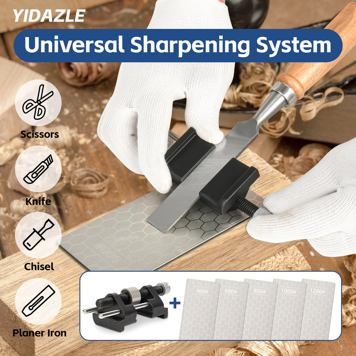 YIDAZLE Chisel Sharpening Kit Honing Guide & 5 Diamond Sharpening Stones, Adjustable Chisel Sharpener Jig for Woodworking Tools, Plane Irons, Knives, and Blades, All-Metal Construction YIDAZLE