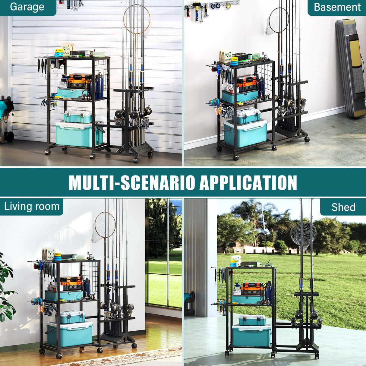 TC-HOMENY Fishing Rod Holders for Garage with Lockable Wheels, Heavy Duty Fishing Pole Rack Cart Holds Up to 10 Rods, Large Fishing Tackle Gear Organizer Storage rack for Room, Garage, Basement, Black TC-HOMENY