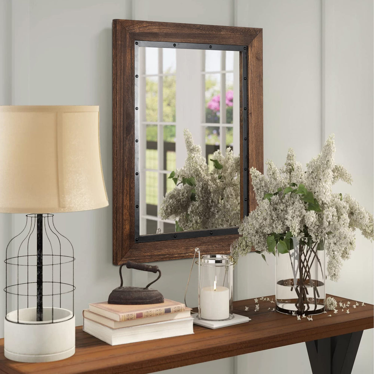 YOSHOOT Rustic Wooden Framed Wall Mirror, 40"x30", Natural Wood and Iron Bathroom Vanity Mirror for Farmhouse Decor, Vertical or Horizontal Hanging YOSHOOT