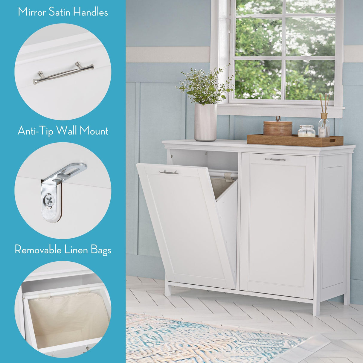 RiverRidge Somerset Double Tilt Out Laundry Hamper - Stylish Laundry Room Cabinets with Removable Cloth Bags, Inset Doors & Coved Top Shelf - Laundry Cabinet for Clothes & Towels RiverRidge