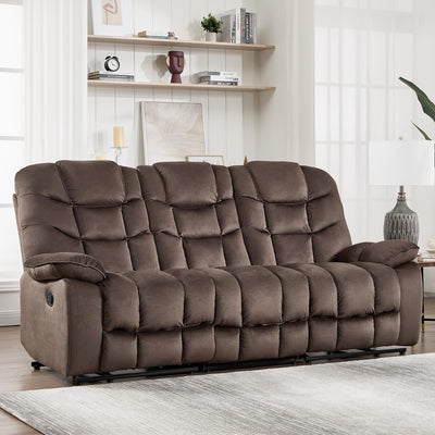 HAOMARKETS 3 Seat Manual Reclining Sofa, Soft Fabric Recliner Couch with Padded Headrest and Armrests, 85" Wide Overstuffed 3-Seater Recliner Couches for Living Room, Brown
