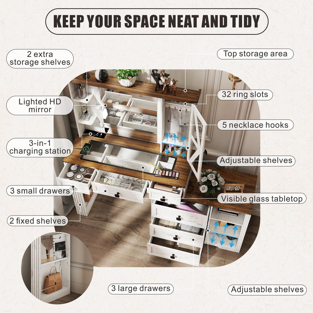 FREDEES Farmhouse Vanity Desk with Mirror and Lights, Makeup Vanity Table with 6 Drawers/Large Storage,White Dressing Table 3 Colors Adjustable Lighting Brightness & Charging Station for Women FREDEES