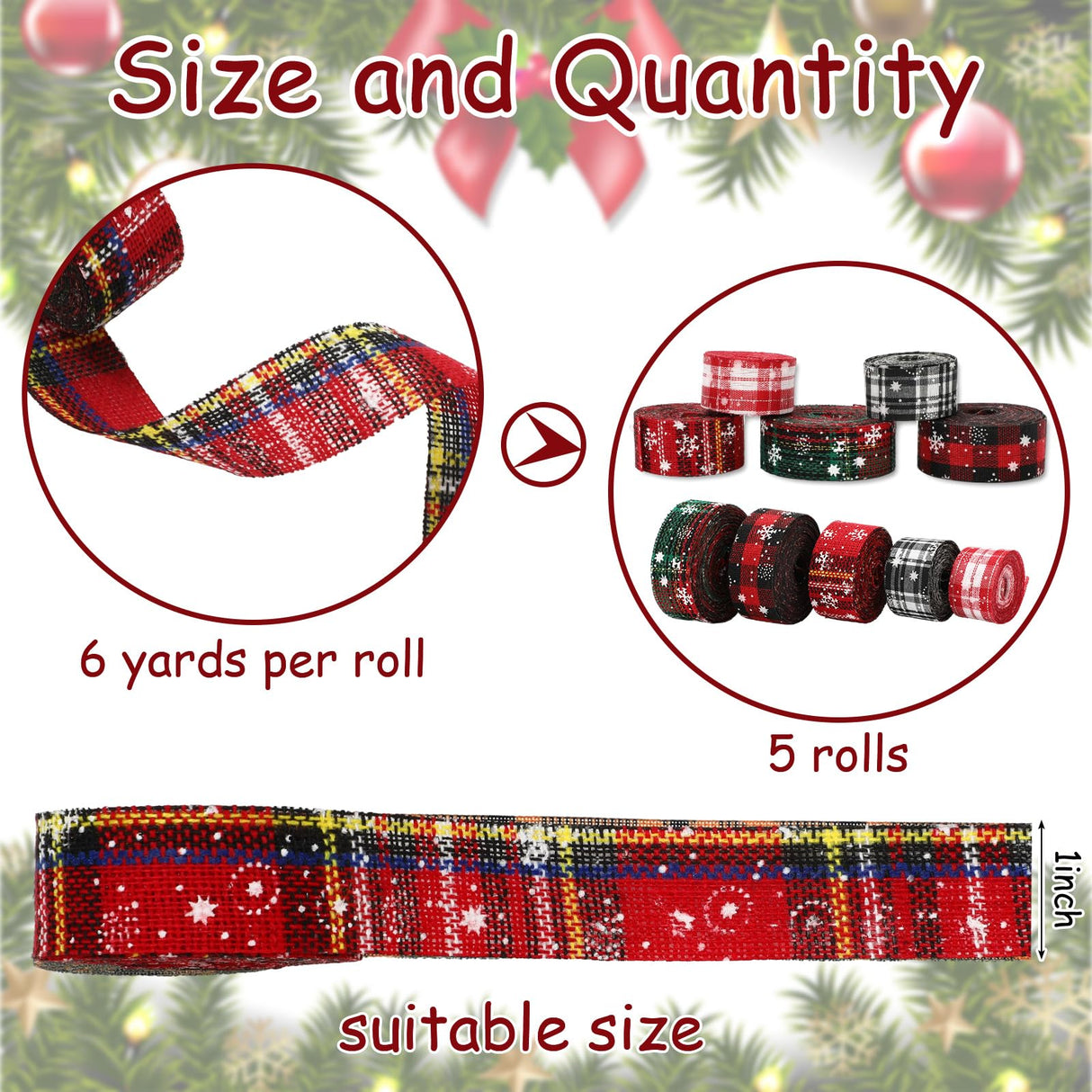 Whaline 5 Rolls 30 Yard Christmas Burlap Ribbon - 1 Inch Snowflake Plaid for Gift Wrapping, Winter Xmas Decorations, DIY Crafts, Wreath Bow Making Supplies Whaline