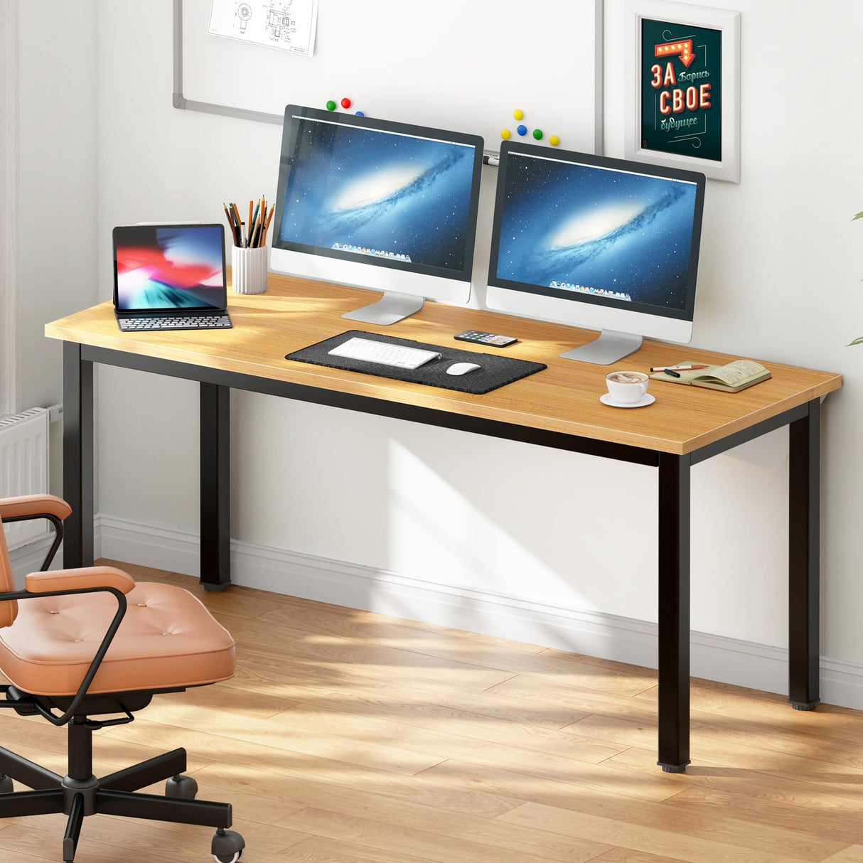 DlandHome 63 inches X-Large Computer Desk, Composite Wood Board, Decent and Steady Home Office Desk/Workstation/Table, BS1-160TB Teak and Black Legs, 1 Pack DlandHome
