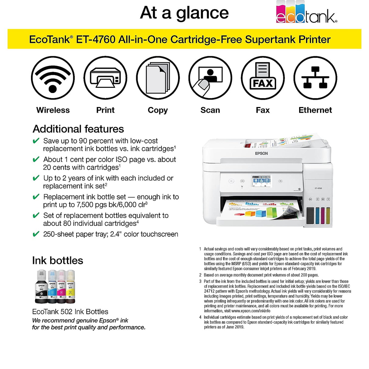 Epson EcoTank ET-4760 Wireless Color All-in-One Cartridge-Free Supertank Printer with Scanner, Copier, Fax, ADF and Ethernet - White Epson