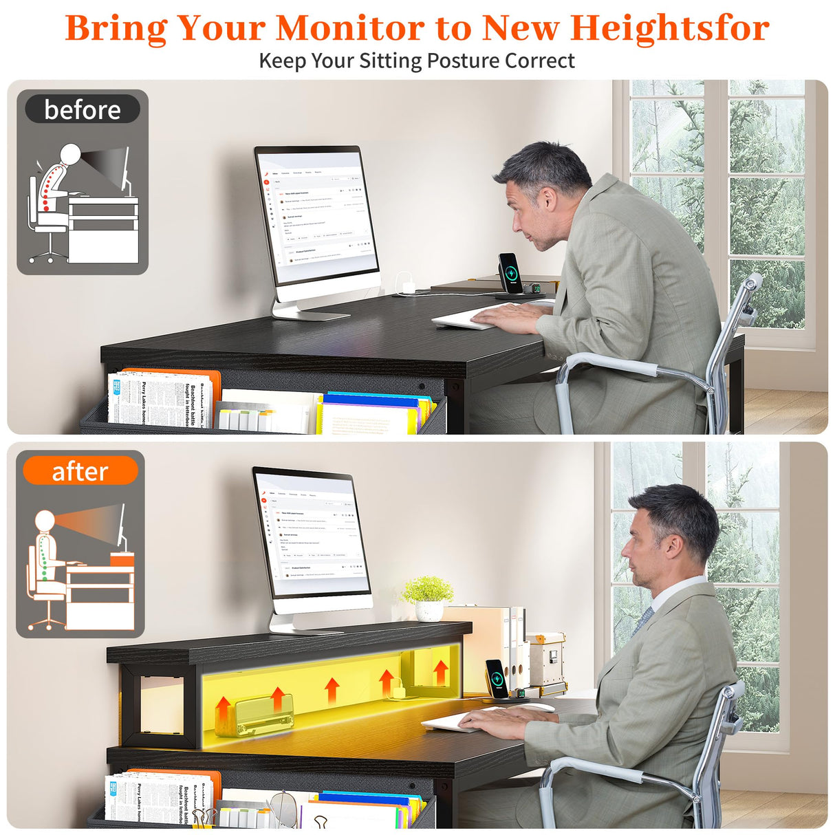 EnHomme 56.5" Computer Desk with Power Outlets,Home Office Desk with Fabric File Cabinet,Study Writing Gaming Desk with Monitor Shelf,Work Table with Printer Space,Black EnHomee