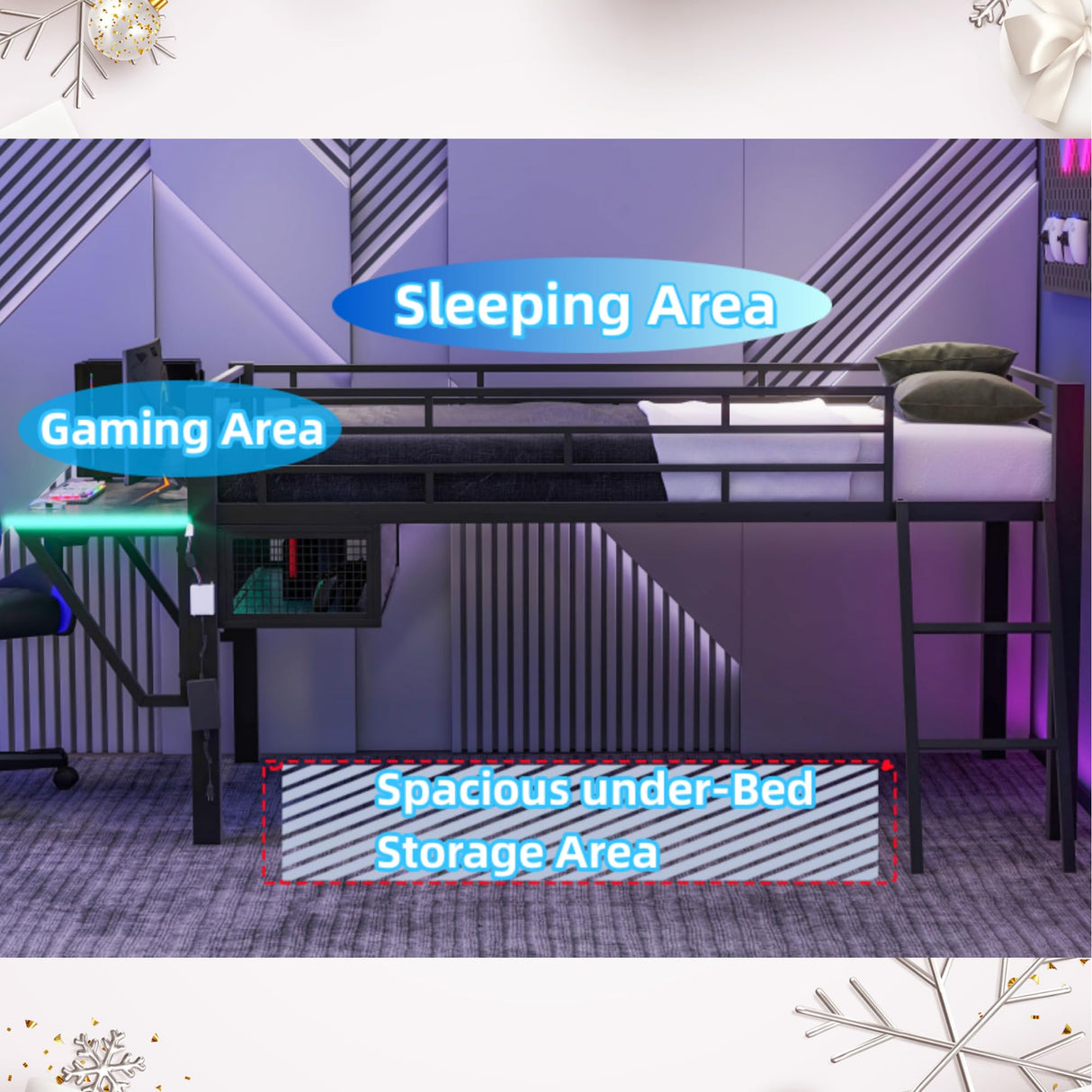 Linique Black Twin Size Gaming Loft Bed with Desk, LED Lights, and Staircase Linique