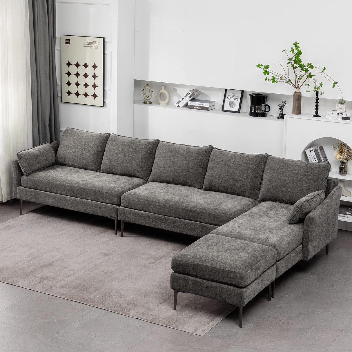 MELLCOM 137.4" Cloud Couch Sectional 5-Seat L Shaped Modular Sofa w/Chaise & Ottoman, Comfy Memory Foam Modular Couch in Washable Chenille Fabric, Sectional Sofa for Living Room, Grey MELLCOM