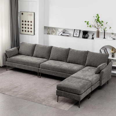 MELLCOM 137.4" Cloud Couch Sectional 5-Seat L Shaped Modular Sofa w/Chaise & Ottoman, Comfy Memory Foam Modular Couch in Washable Chenille Fabric, Sectional Sofa for Living Room, Grey