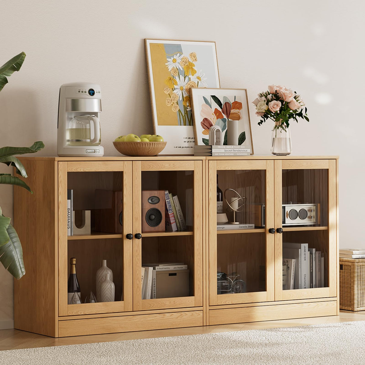 TUSY 4-Piece Large TV Stand with Bookshelves for TVs up to 75", TV Entertainment Center Media Center with Tempered Glass Doors and Shelves, TV Hutch for Living Room (Wood) TUSY