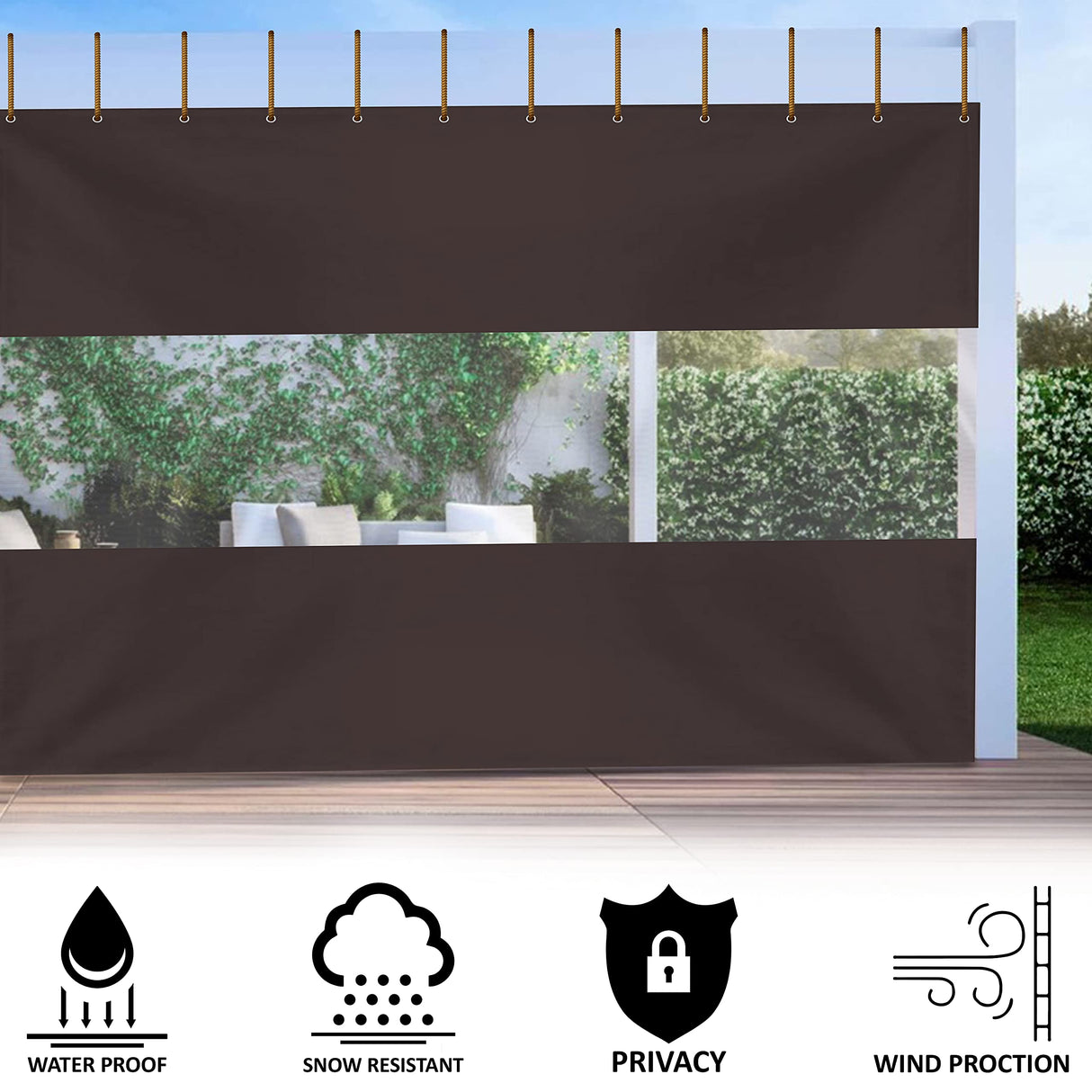 Covers & All Clear Panel Curtain, 12 oz Outdoor Curtains for Patio Waterproof, Tear & UV Proof Tarp with Brass Grommets, Ideal for Pergola, Porch, Gazebos (8H x 15W feet, Coffee) Covers & All