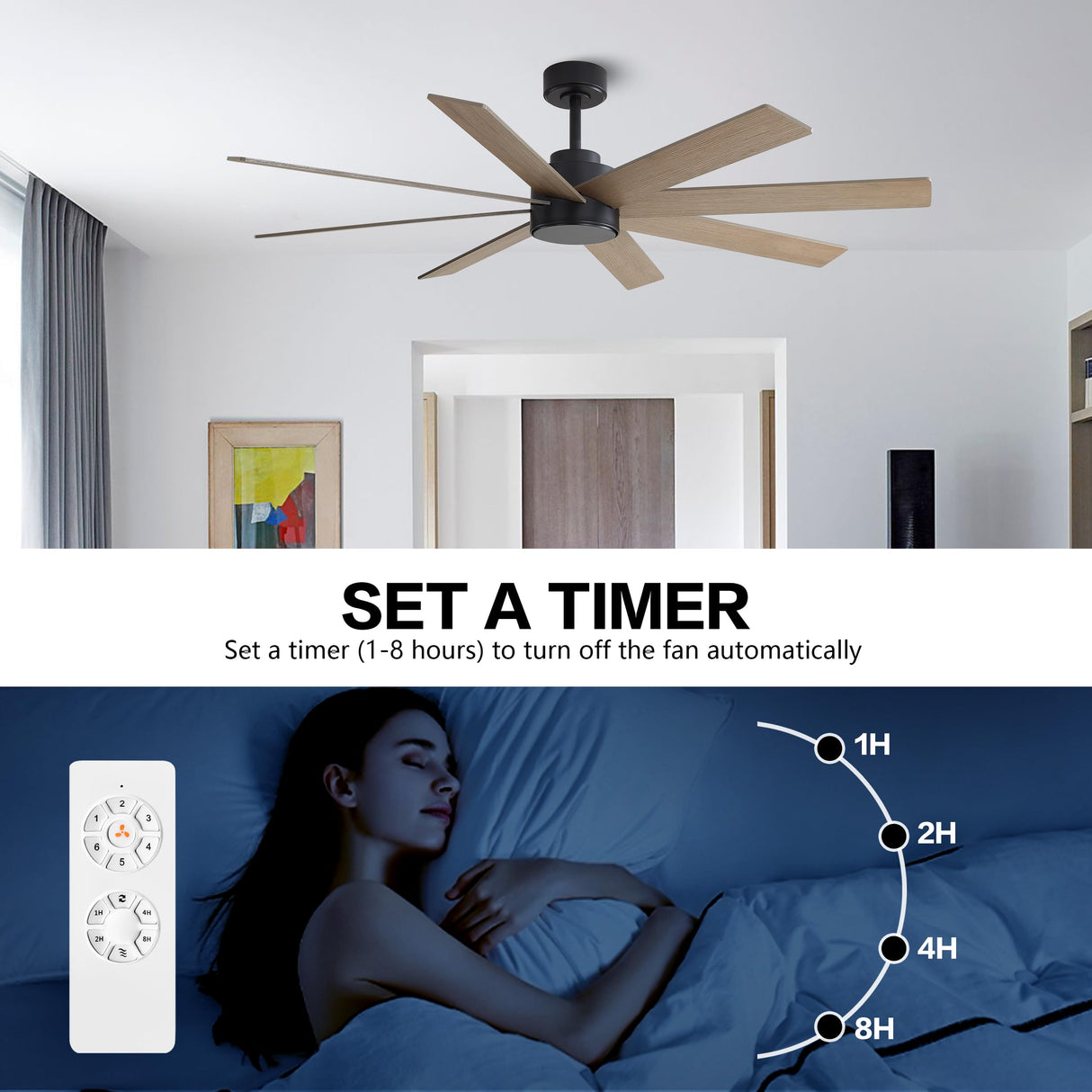 WINGBO 72" Large DC Ceiling Fans without Lights, 3 Downrods, 8 Plywood Blades, 6-Speeds Reversible DC Motor, Indoor Ceiling Fan No Lights for Bedroom Living Room Patio, Black and Gray WINGBO