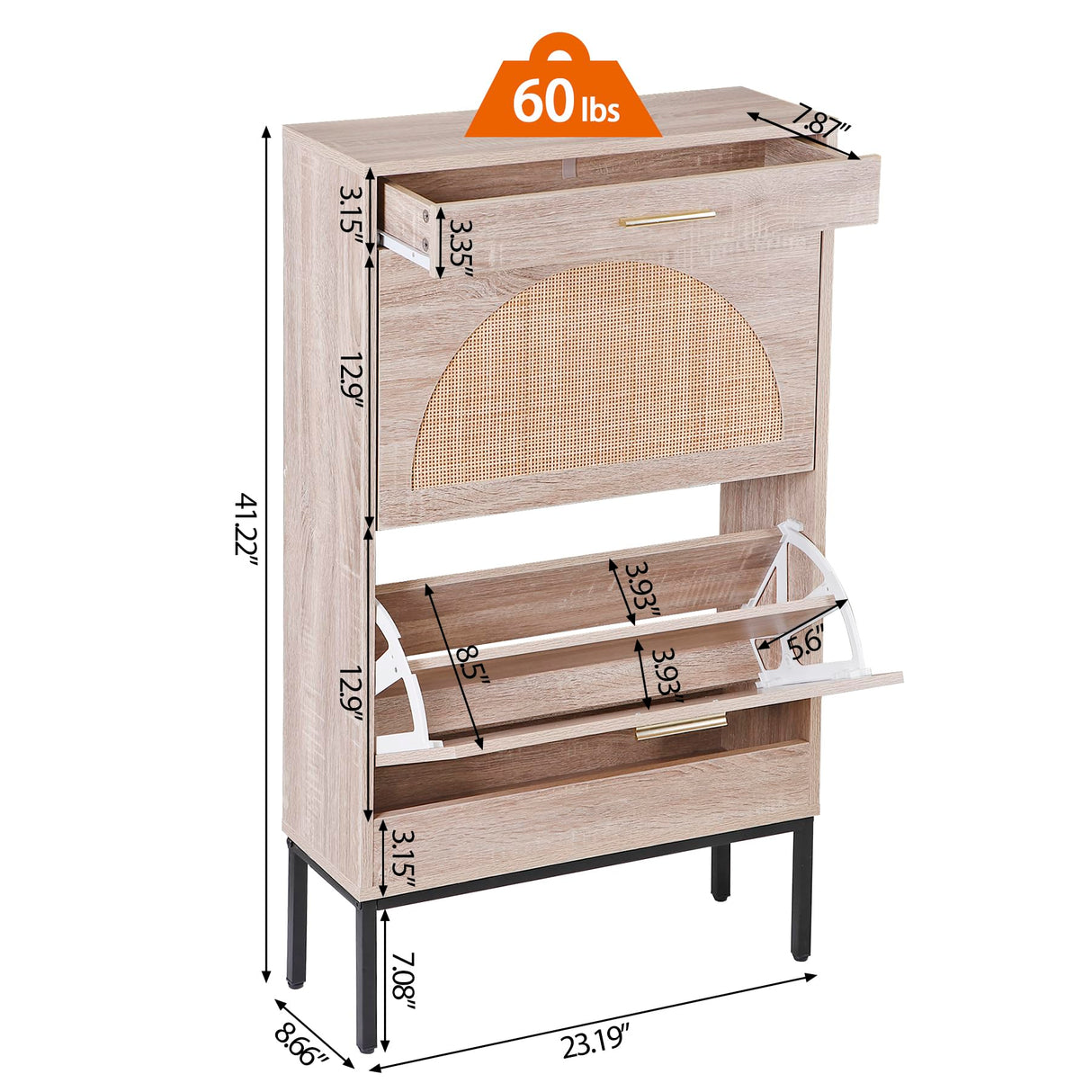 Nouva Rattan Shoe Cabinet - Freestanding Shoe Storage w/ 2 Flip Drawers & 1 Drawer, Narrow Shoe Organizer Rack for Entryway, Living Room Nouva