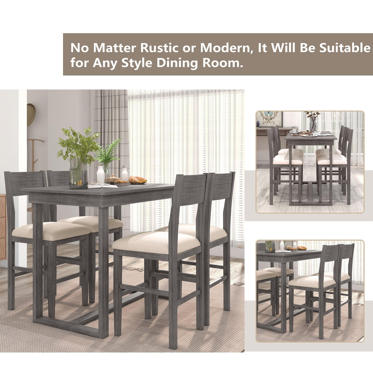 LUMISOL 5-Piece Grey Farmhouse Counter Height Dining Set with Upholstered Chairs LUMISOL