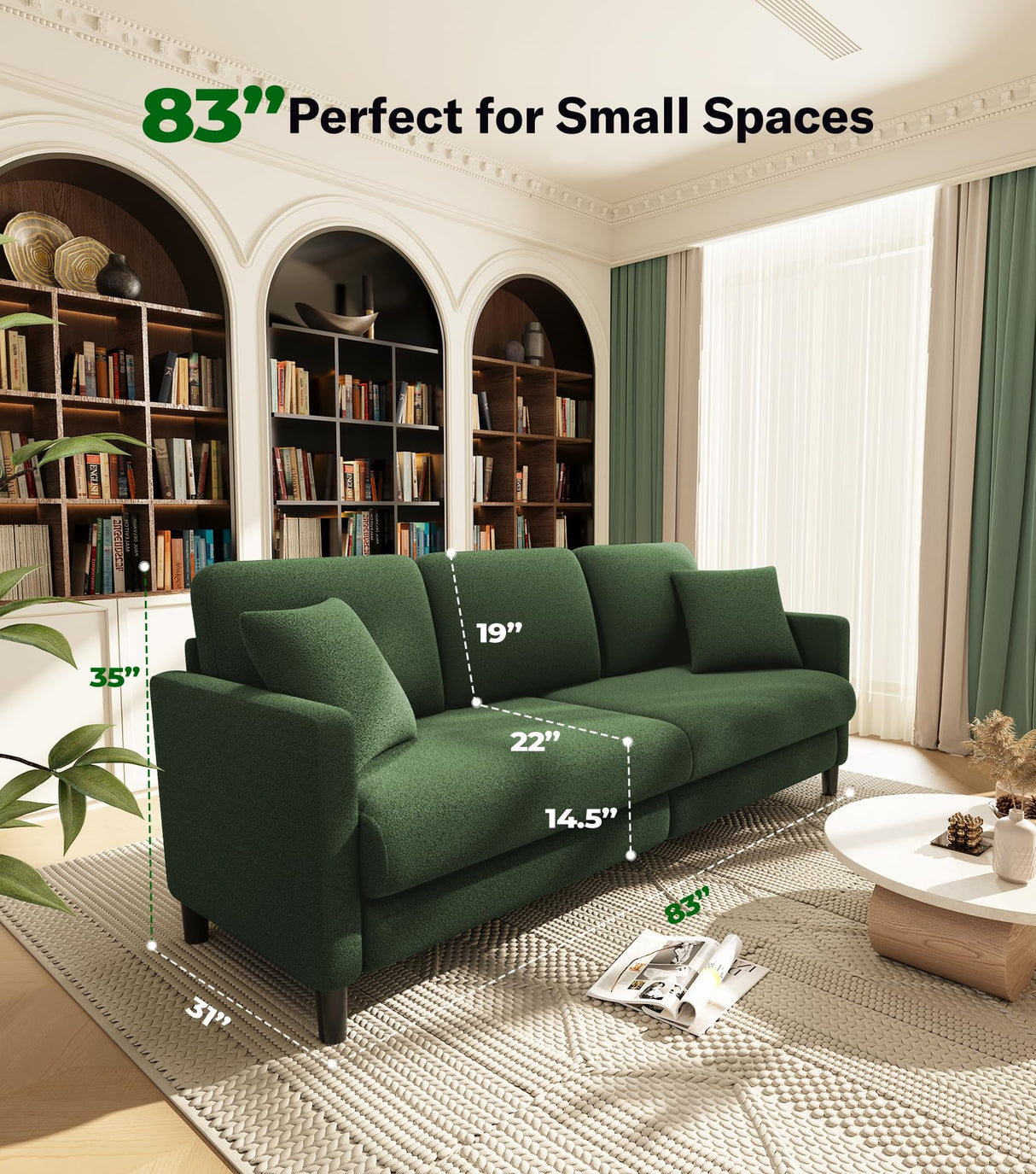 Welzona 83" Sofa Couch, Comfy Couches for Living Room, Teddy Fleece Sofas for Living Room, Tool-Free Setup Loveseat Sofa, All-Wood Love Seat Couches, Small Couch 2 Pillow Included, Green Welzona