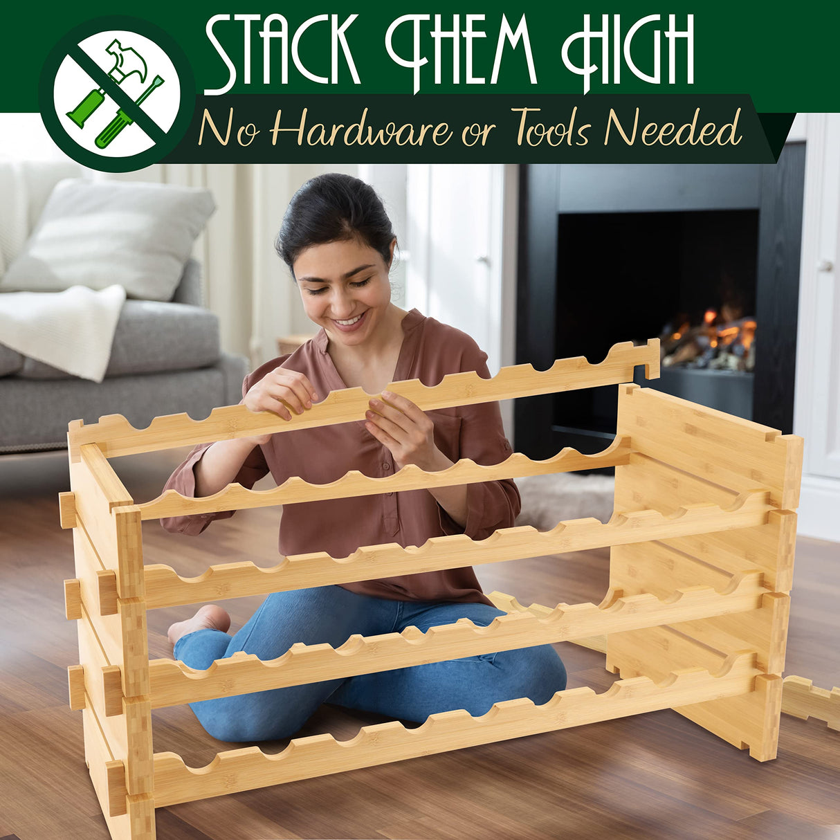 SereneLife Bamboo Stackable Wine Rack, 4-Tier 36 Bottle Capacity Wine Racks Free Standing Floor, No Tools Assembly, Modular Storage Display Shelf for Kitchen and Cellar 33.5" x 10" x 21" SereneLife