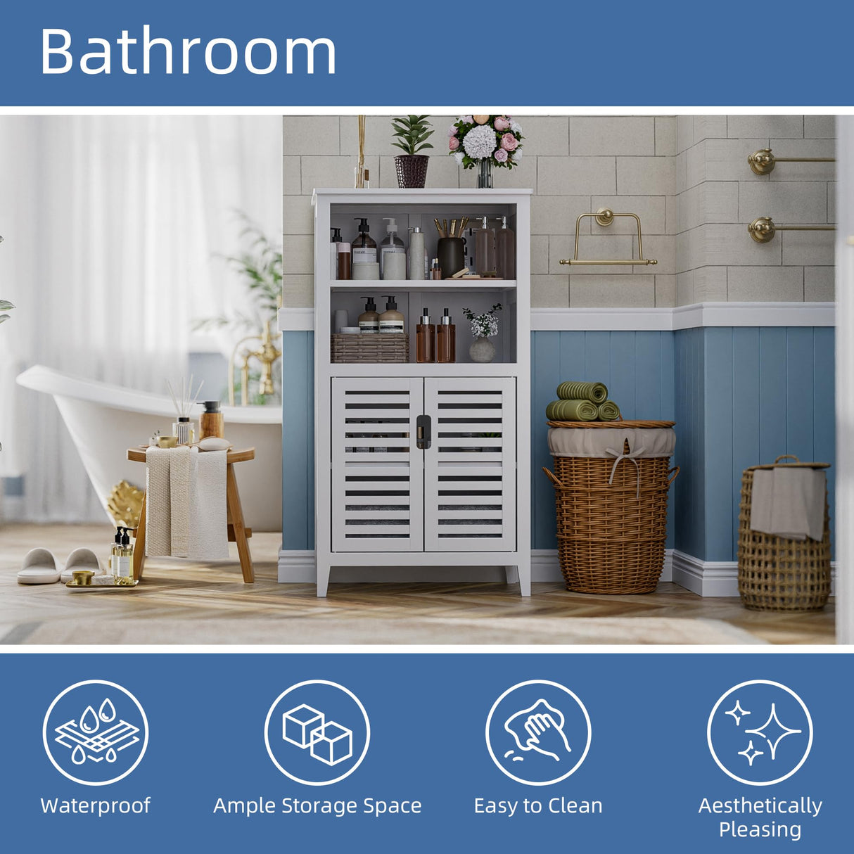 HITNET White Bathroom Cabinet, Bamboo Storage Cabinet Freestanding, Side Tall Storage Organizer for Kitchen Living Room Entryway HITNET