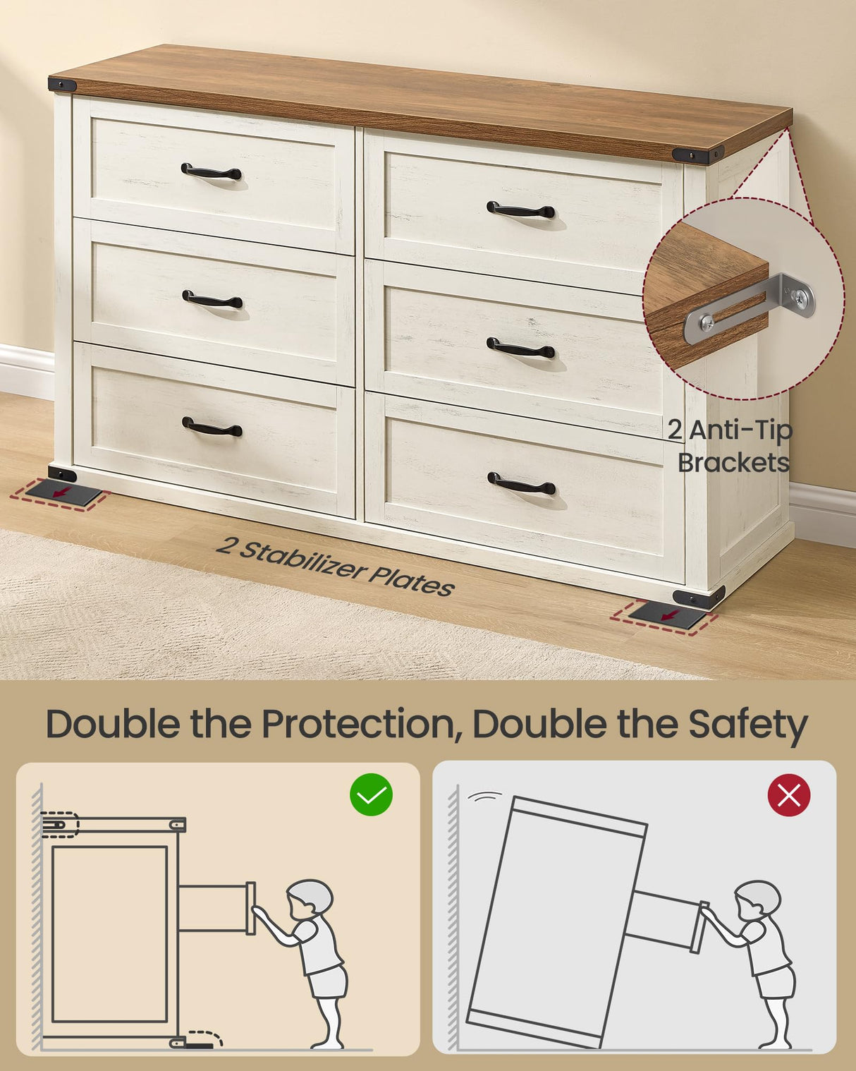 VASAGLE LIRY Collection - 6-Drawer Dresser for Bedroom, 54-Inch Wide Modern Farmhouse Chest of Drawers with Metal Handles, TV Stand, for Living Room, Entryway, Anti-Tipping, Rustic White ULTS661WJ01S VASAGLE