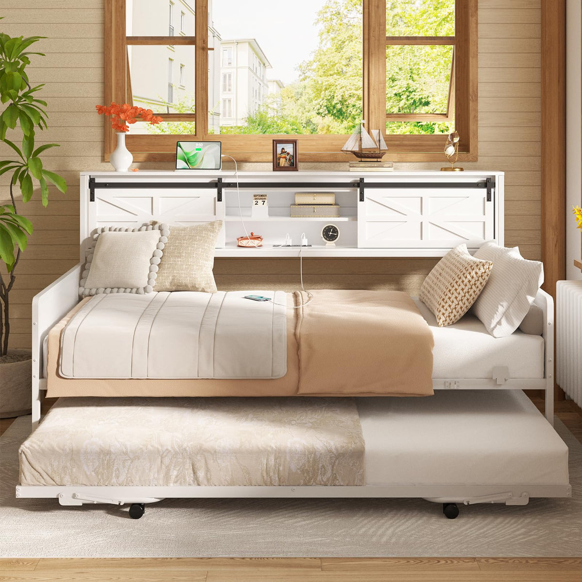 Homieasy Daybed with Trundle, Farmhouse Twin Day Bed with Bookcase Hea ...