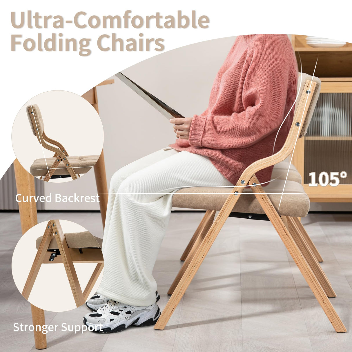 HOMEFUN Folding Chairs with Cushion, Wooden Padded Folding Chairs 4 Pack, Portable and Assembled Folding Dining Chair for Guests Kitchen Office Wedding and Party, Khaki HOMEFUN