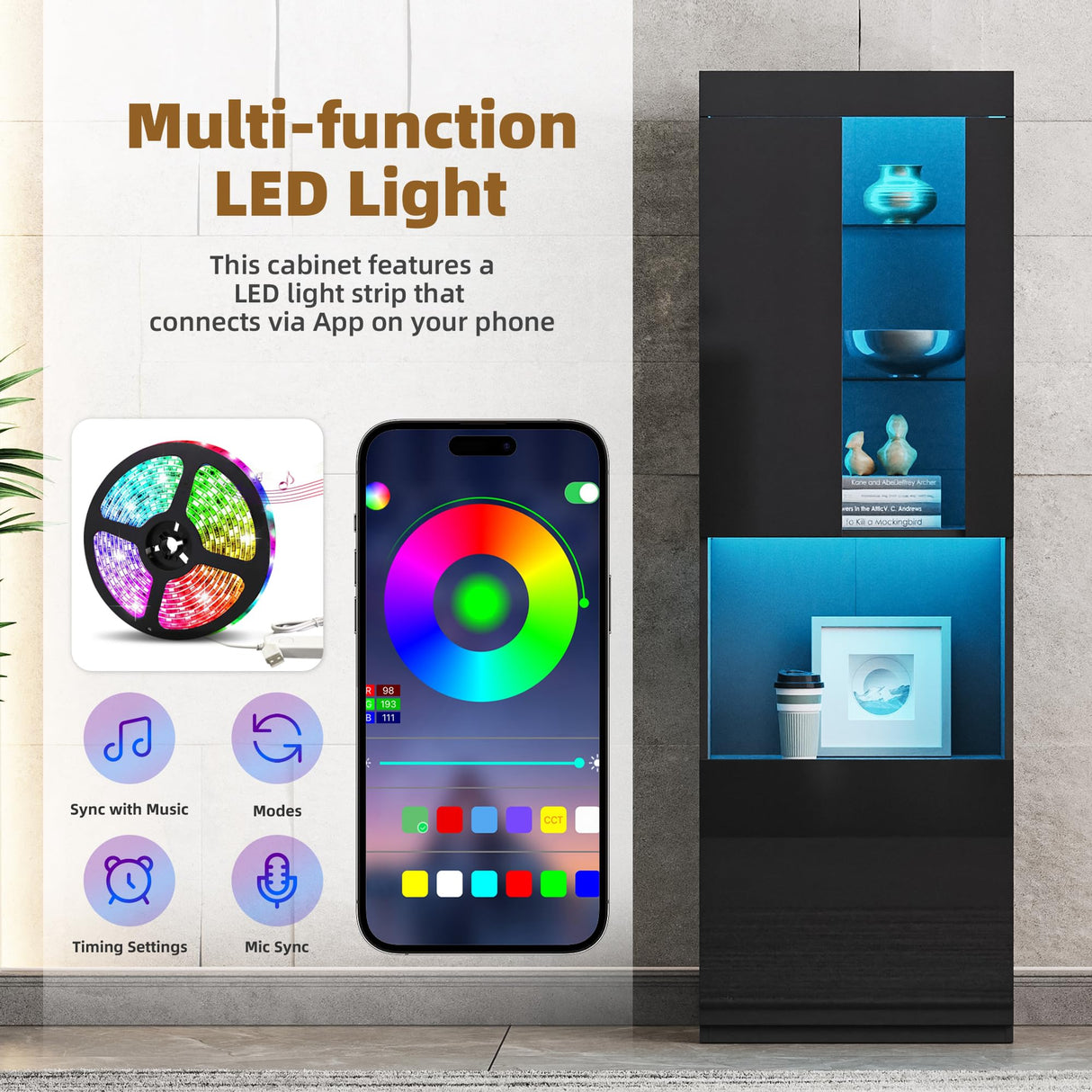 MaiDeHaoo Display Cabinet with LED Lights, 67" Tall Bookcase with 4 Tier Curio Shelves and Multicolor Lights, Modern High Gloss Display Cabinets for Living Room - Black MaiDeHaoo