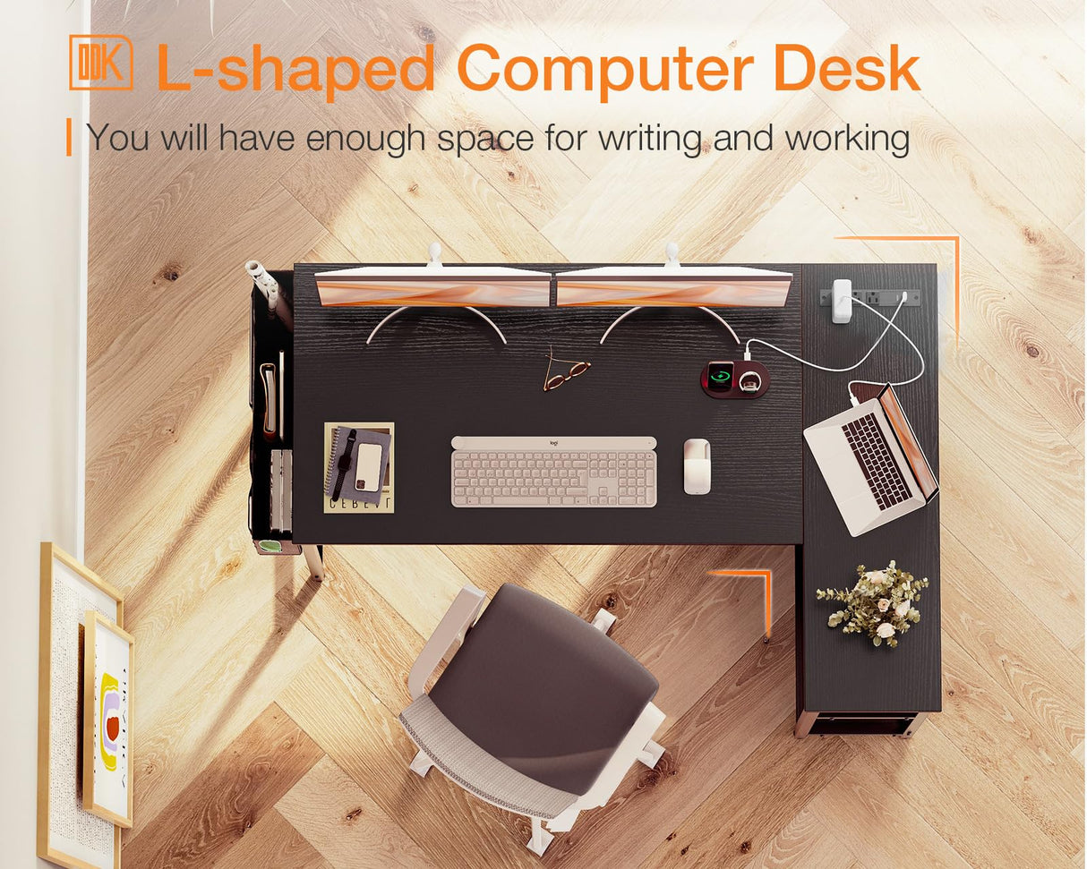 ODK 48 Inch Small L Shaped Gaming Computer Desk with Power Outlets, Reversible Storage Shelves & PC Stand for Home Office, Simple Writing Study Table with Storage Bag for Small Space, Black ODK
