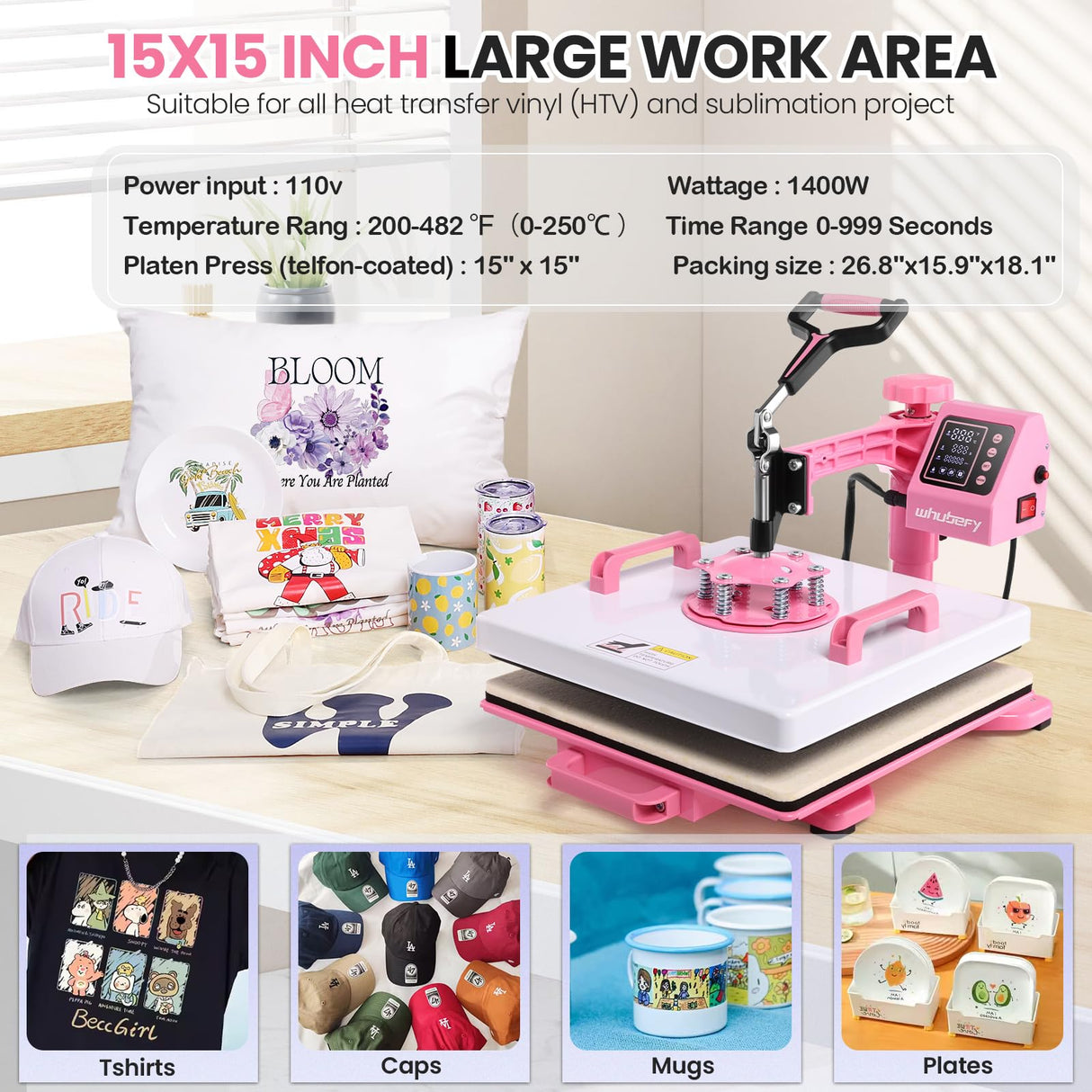 Whubefy 5 in 1 Heat Press Machine 15x15 Slide Out with 30OZ Tumbler Press, Swing Away Heat Press Machine for T Shirts Printing, 1400W Fast Heating Sublimation Shirt Press Machine for Hat Cap Mug Plate Whubefy