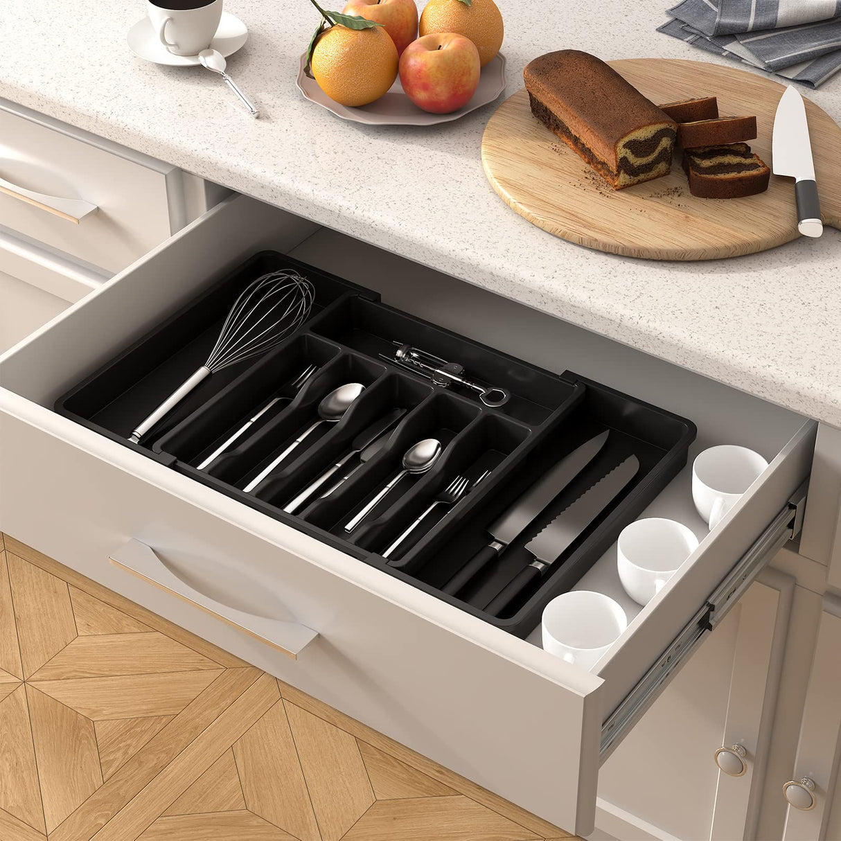 Lifewit Silverware Drawer Organizer, Expandable Utensil Tray for Kitchen, BPA Free Flatware and Cutlery Holder, Adjustable Plastic Storage for Spoons Forks Knives, Large, Black Lifewit