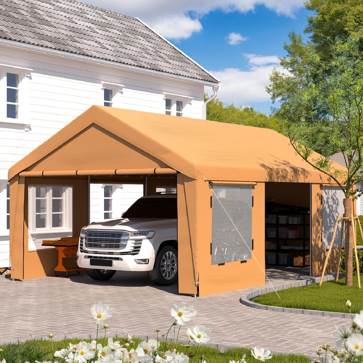 EROMMY 13' x 20' Heavy Duty Carport,Portable Garage with UV Protection & Steel Frame, Car Port with Removable Sidewalls, All-Season Car Canopy for Tractor, Truck, Boat, Yellow EROMMY