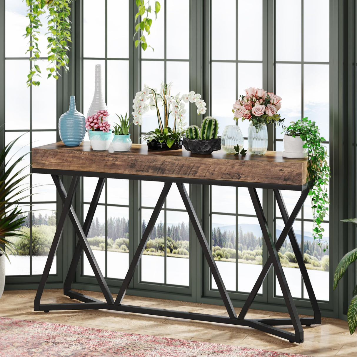 Tribesigns 55 Inch Console Table, Farmhouse Sofa Table Wood Entryway Table with Unique Metal Base, Behind The Couch Table Foyer Table, Industrial Accent Table for Hallway, Living Room, Rustic Brown Tribesigns