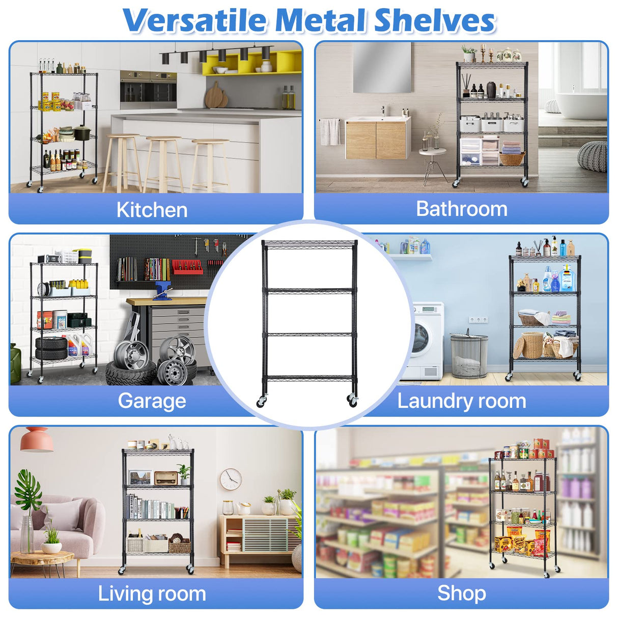 Dkelincs Wire Shelving Unit 36''L×14''W×62''H NSF Metal Storage Shelves 4 Tier Height Adjustable Wire Shelf with 4 Wheels for Kitchen Office Pantry Bathroom Garage, Black Dkelincs