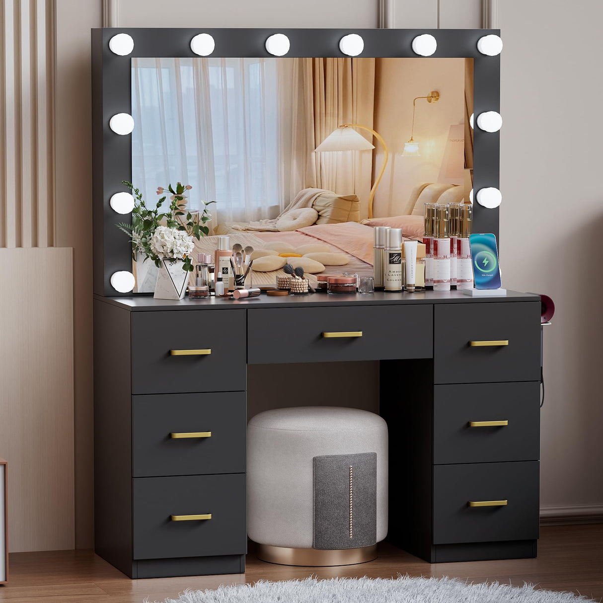 FURNJOYLIFE Black Makeup Vanity Desk with Lighted Mirror & Power Outlet,3 Color Modes, Brightness Adjustable,Vanity Table with Drawer,Sliding 2 Storage Wall-Mounted Jewelry,4 Shelves for Bedroom FURNJOYLIFE