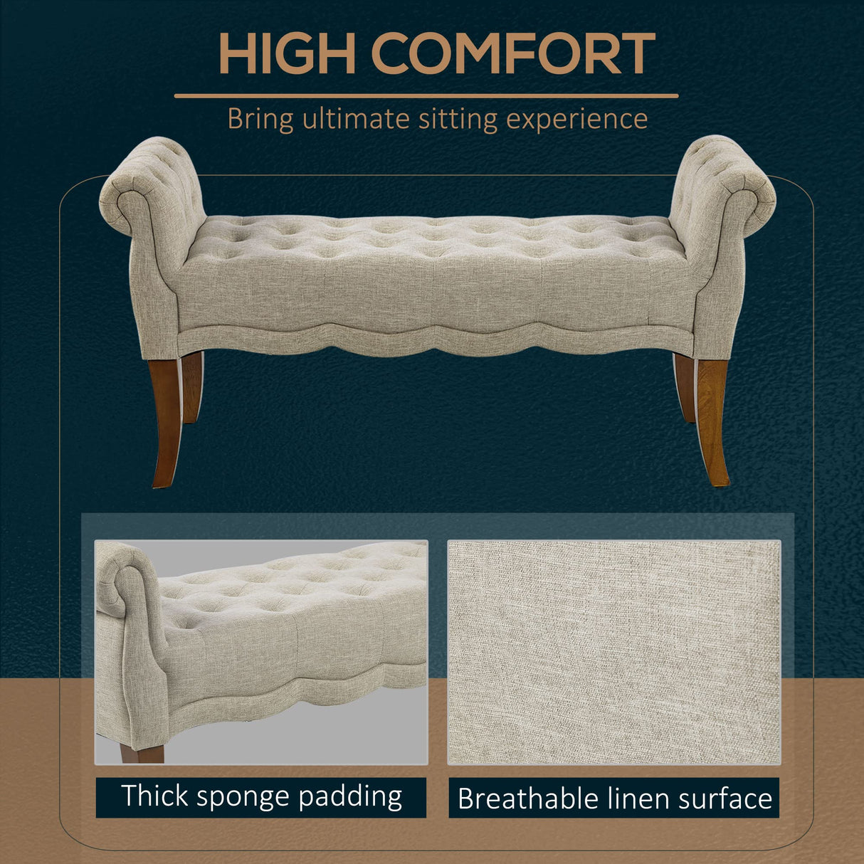 HOMCOM Traditional Style End of Bed Bench, Upholstered Entryway Bench with Button Tufted and Rounded Arm, Beige HOMCOM