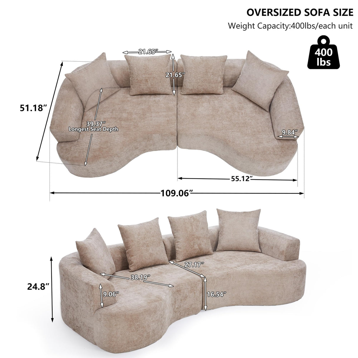 DIFYHOMEY 109” Curved Sectional Sofa, Chenille Fabric Modular Cloud Couch, No Assembly Required Half Moon Couch with Deep Seat, 4 Pillows for Living Room, Apartment, Bedroom DIFYHOMEY