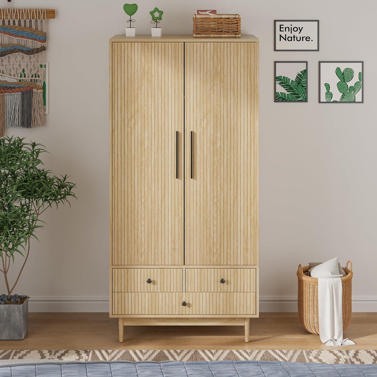 Mxtxmy Armoire Wardrobe Closet with 2 Fluted Doors,64.96" Wooden Clothes Storage Cabinet with Hanging Rod and Shelf Storage,Wardrobe Cabinet with 3 Drawers,Freestanding Closet for Bedroom (Natural) Mxtxmy