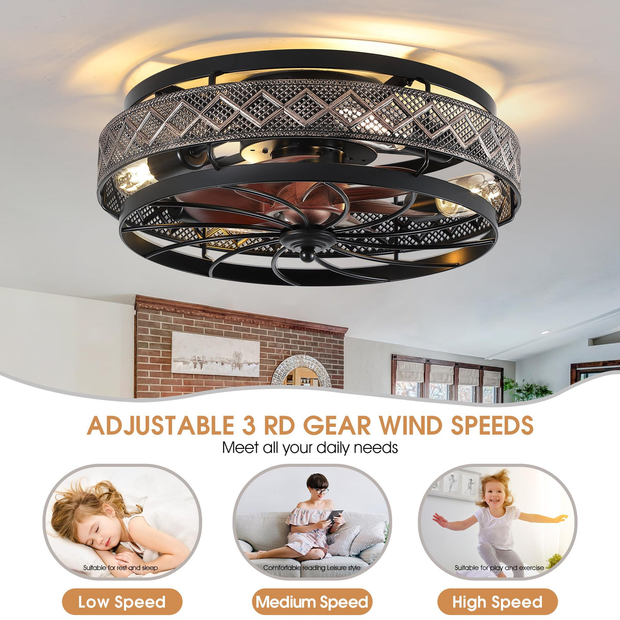 SHIHOT Low Profile Caged Ceiling Fans with Lights and Remote, Flush Mount Ceiling Fan with Light, Bedroom Fan, Small Industrial Black Ceiling Light Fixture, Reversible(Bulbs not Included) SHIHOT