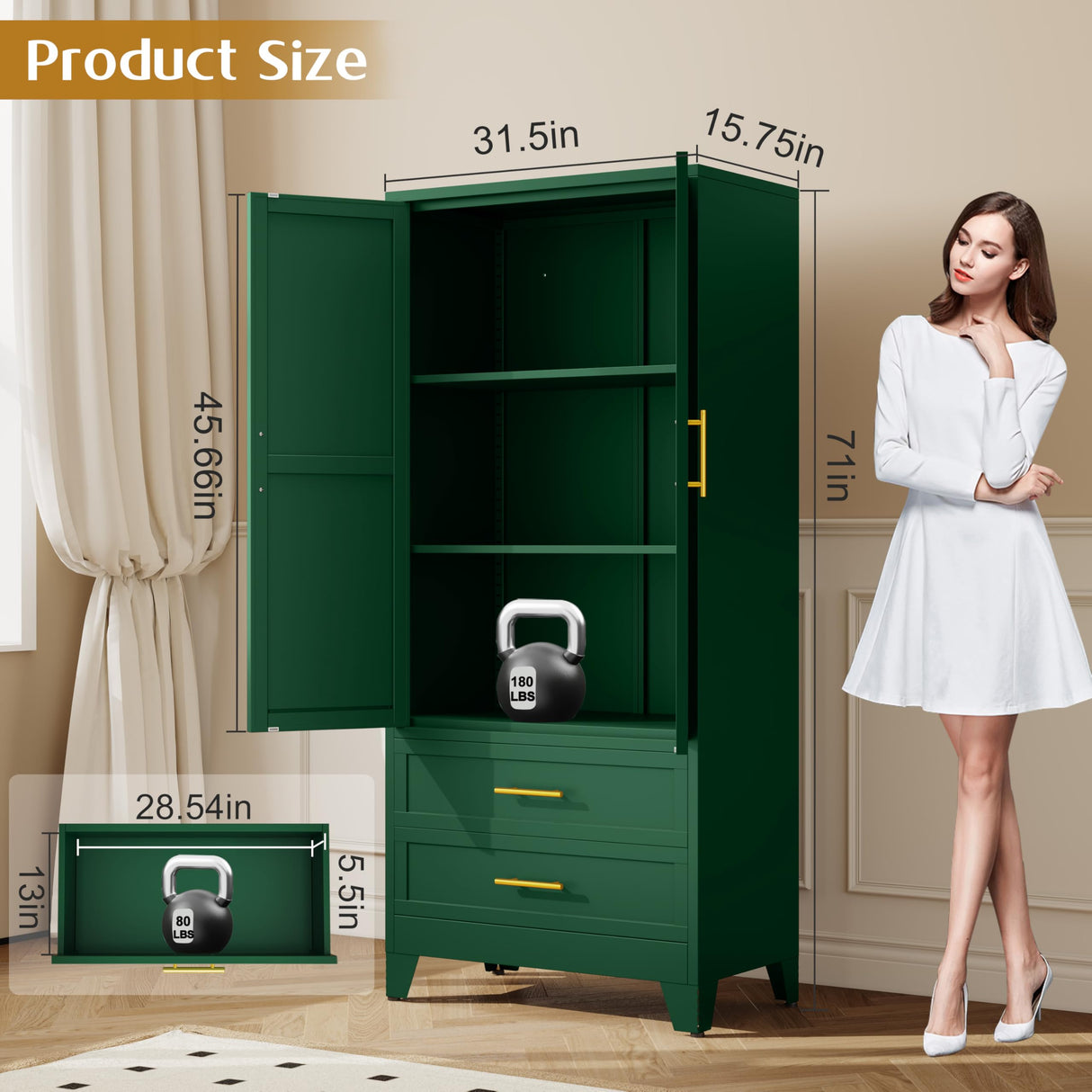 GAIOUS Steel Pantry Cabinet, 71" Metal Storage Cabinets with 2 Doors, 2 Adjustable Shelf and 2 Drawers, Freestanding Storage Cabinet for Bedroom, Kitchen, Living Room, Home Office (Green) GAIOUS