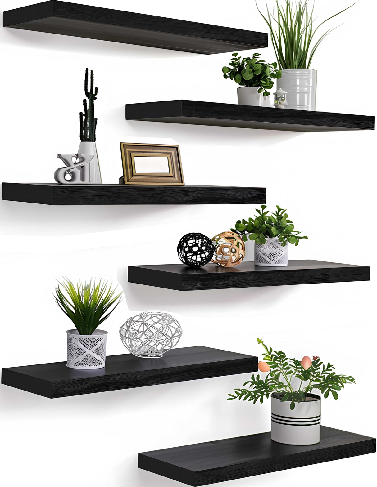 PHPH Wood Floating Shelves for Wall, Wooden Wall Shelves for Bedroom, Set of 6 Black 17 Inch PHPH