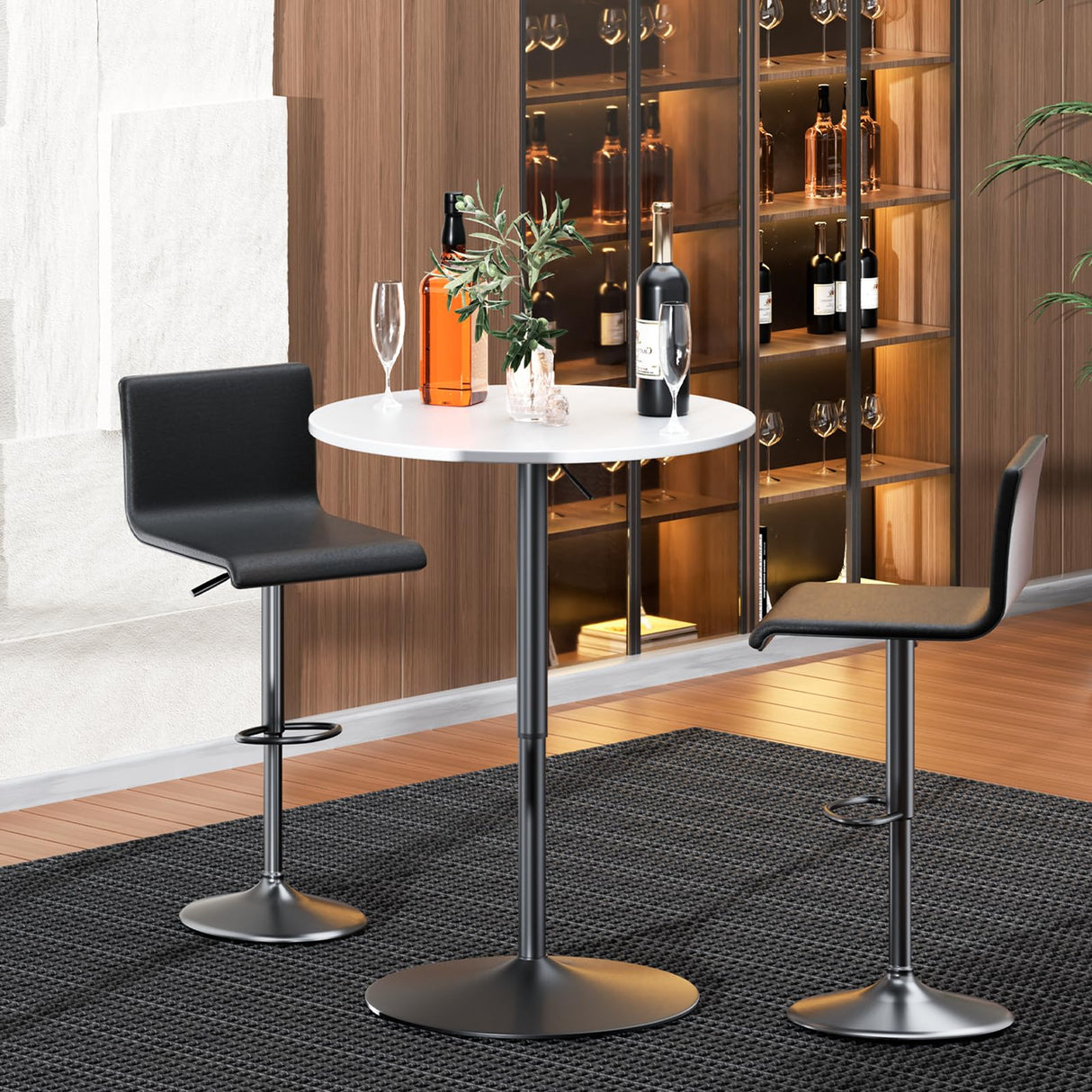 MoNiBloom Pub Round Table White Wood Texture Top with Metal Base and with Adjustable Height, 23.5" Diameter Modern Cocktail Bistro Table for Dining Bistro Cafe Home Bar (White) MoNiBloom