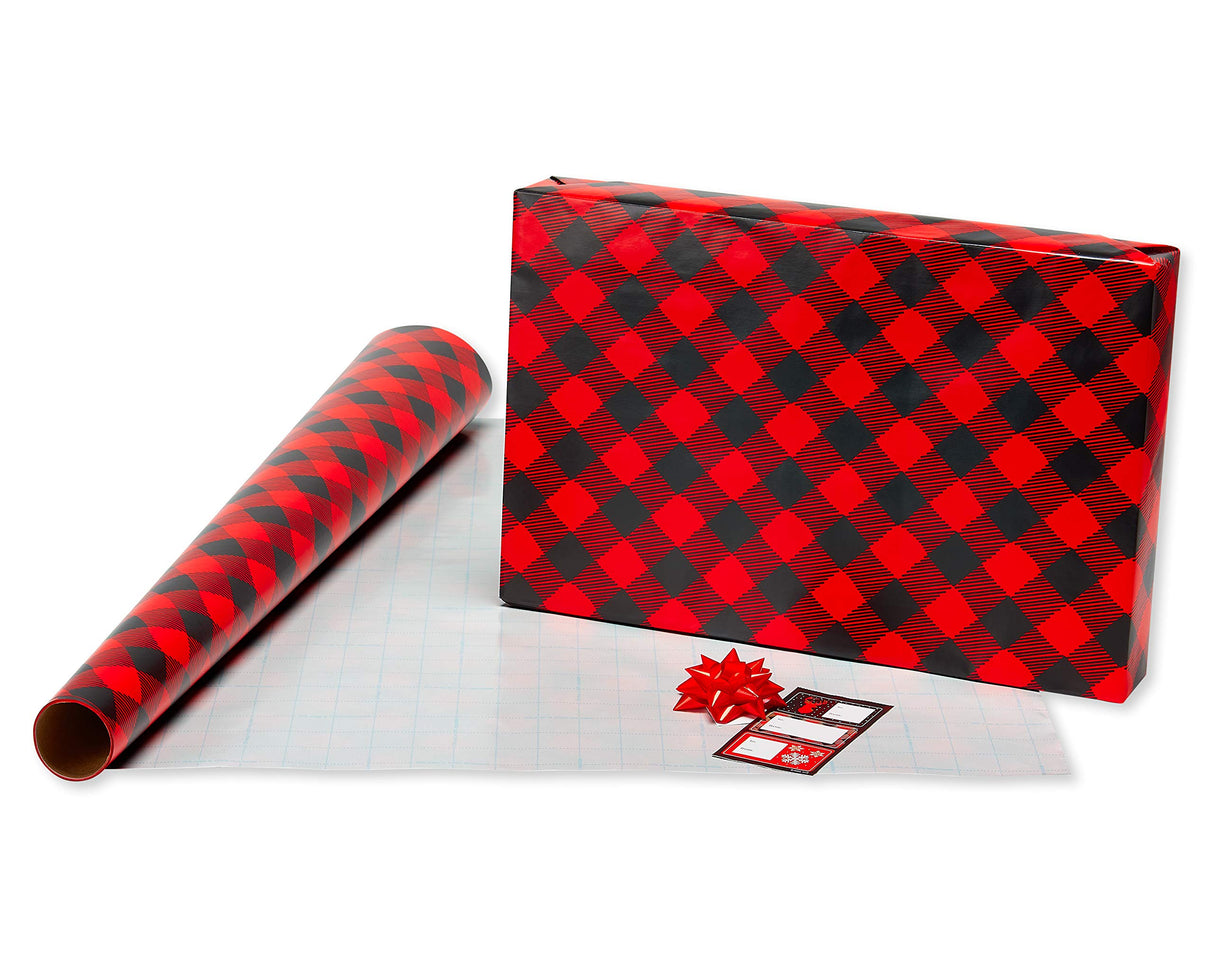 American Greetings 120 sq. ft. Red and Black Christmas Wrapping Paper Set with Cut Lines (4 rolls 30 in. x 12 ft., 7 Bows, 30 Gift Tags), Christmas Text, Plaid, Reindeer and Snowflakes Papyrus