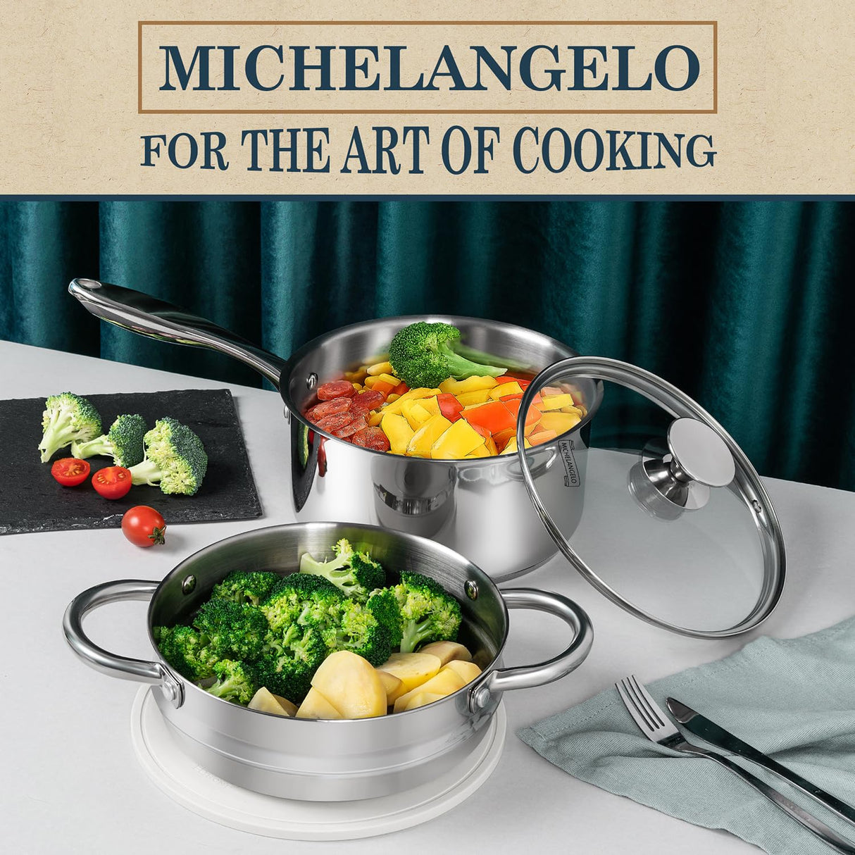 MICHELANGELO 3 Quart Saucepan with Lid & Steamer, Stainless Steel Sauce Pan with Triply Bottom, 3 QT Sauce Pot, Nonstick Saucepan Induction Compatible MICHELANGELO