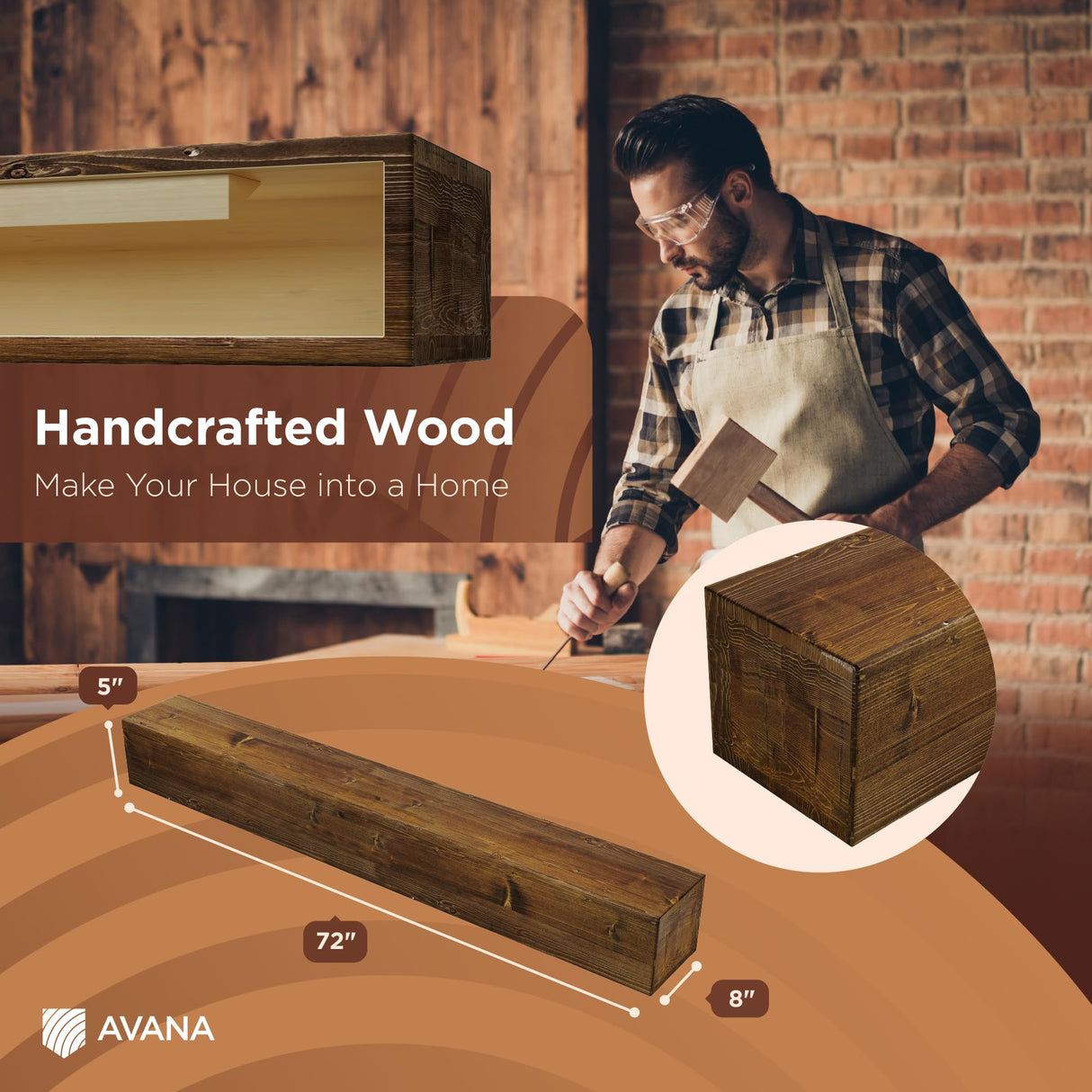 Avana Fireplace Mantel - Wall-Mounted Mantles for Over Fireplace - Farmhouse Fireplace Mantle Shelves - Handcrafted Wood Fireplace Mantels - Floating Fireplace Mantel 72 X 8 X 5 - Rustic Traditional Avana