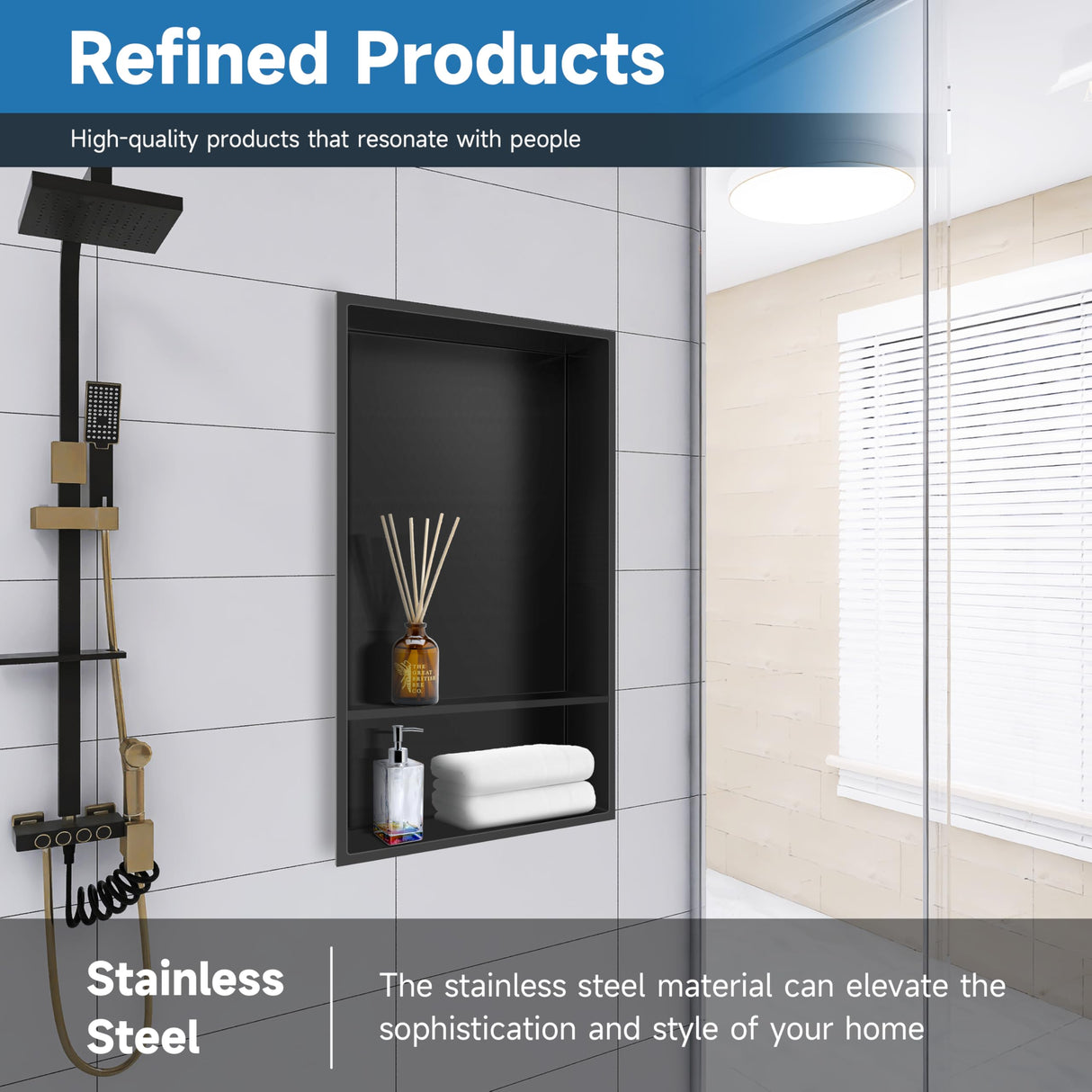 Greenspring 12" X 25" Stainless Steel Shower Niche Insert Tile Ready, Niche for Shower Wall, 2-Tier Recessed Shelves No Tile Needed for Bathroom Storage, Matte Black Greenspring