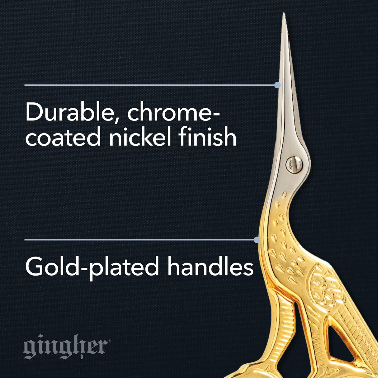 Gingher Stork Embroidery Scissors and Leather Sheath - 3.5" Craft Scissors for Fabric, Thread, and Needlework Yarn Cutting - Gold Fiskars